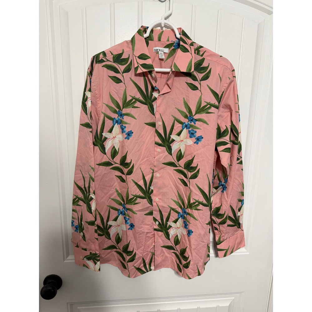 Bar III Shirt Mens Large Pink Slim Fit Stretch Floral Organic Cotton EUC